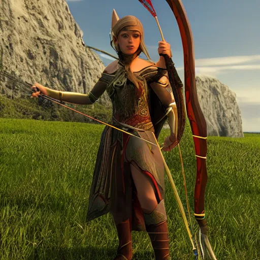 Prompt: elven archer, 3D, realistic, unreal engine, burning bow