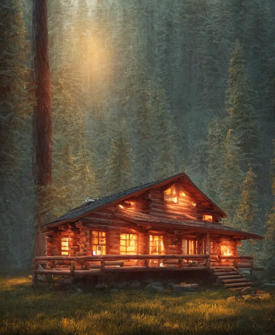 Prompt: of a beautiful Hyperrealistic log cabin with smoke from chimney in the middle of the forest, macro lens, highly detailed, digital painting, trending artstation, concept art, illustration, cinematic lighting, vibrant colors, photorealism, epic, octane render