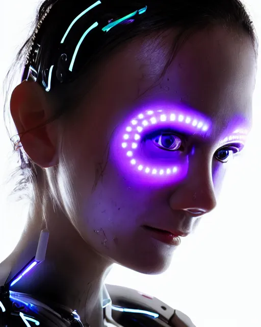 Image similar to portrait photo of female dancer as a cyberpunk mecha humanoid robotic head shoulder parts with straight bright led lights, elecrronics over face, wet skin with water dripping down face, ultra - realistic and detailed, 8 k