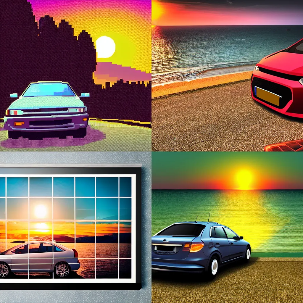 Prompt: a car parked in front of the camera and in the background the sun setting over the sea, pixel art