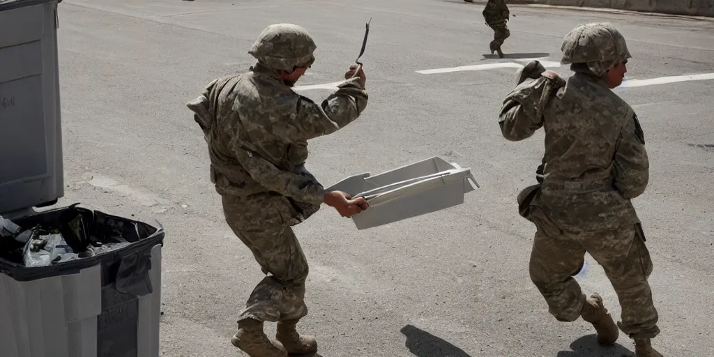 Prompt: soldier throwing away his weapons to the trash