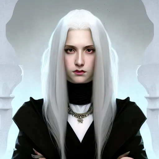 Image similar to white haired aristocrat, full body portrait, gentle, solemn face, cloth, female, city landscape, d & d, fantasy, intricate, elegant, digital painting, white grey color palette, artstation, octane render, concept art, matte, sharp focus, illustration, herrarthstone, art by artgerm and greg rutkowski and alphonse mucha