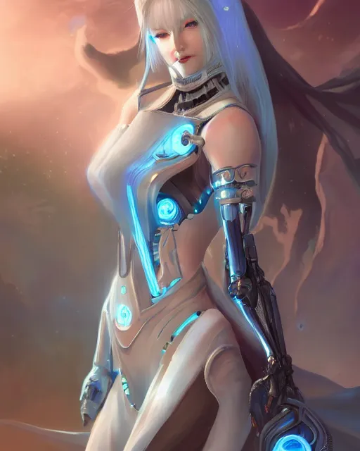 Image similar to holy cyborg necromancer girl, elegant, perfect face, scifi, futuristic, utopia, garden, illustration, atmosphere, top lighting, blue eyes, white hair, focused, artstation, highly detailed, art by yuhong ding and chengwei pan and serafleur and ina wong