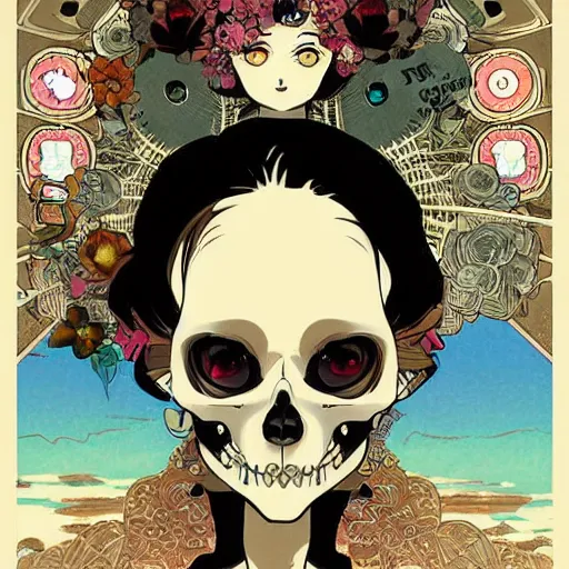 Prompt: anime manga skull portrait girl female skeleton hair illustration detailed ballon emoji patterns in background art Geof Darrow and Phil hale and Ashley wood and Ilya repin alphonse mucha pop art nouveau