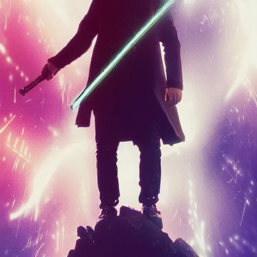 Image similar to !dream a dreamy film still of Kurt Cobain Holding a Lightsaber, Moebius, Greg Rutkowski, Zabrocki, Karlkka, Jayison Devadas, Phuoc Quan, trending on Artstation, 8K, ultra wide angle, zenith view, cyberpunk pincushion lens effect