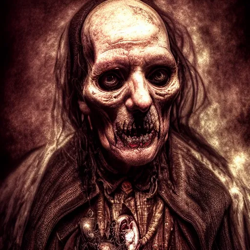 Prompt: a cursed photograph of a old necromancer, horror, award winning photography, hdr, studio lighting medium close shot, mucha style,