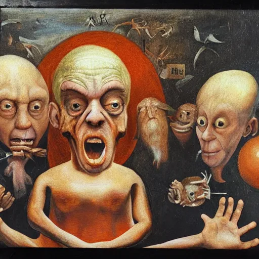 Prompt: donald trump wearing an orange jumpsuit and looking terrified, eating handfuls of classified documents, while small demons and impossible creatures surround him, some of them pecking out his liver, in the style of hieronymus bosch, very realistic, oil on wood, egg tempera