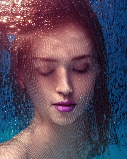 Image similar to photo portrait of woman underwater during sunrise, sunrays, wearing flowing fabric!!, caustics, rippling water, photoshoot, flowing hair, haunting, iconic, fine-art, masterpiece, trending on artstation