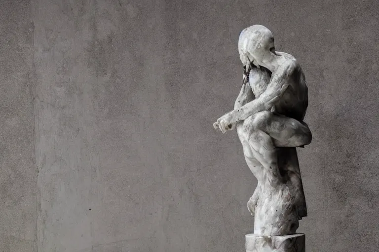 Prompt: a sculpture of a person sitting on top of a chair, a marble sculpture by nicola samori, behance, neo - expressionism, marble sculpture, apocalypse art, made of mist 1 2 3 4 9. 9 1