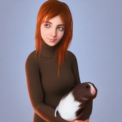 Image similar to Caucasian white girl holding her dark brown guinea pig, out in the wilderness at morning, trending on artstation, artstationHQ, artstationHD, photorealistic imagery.