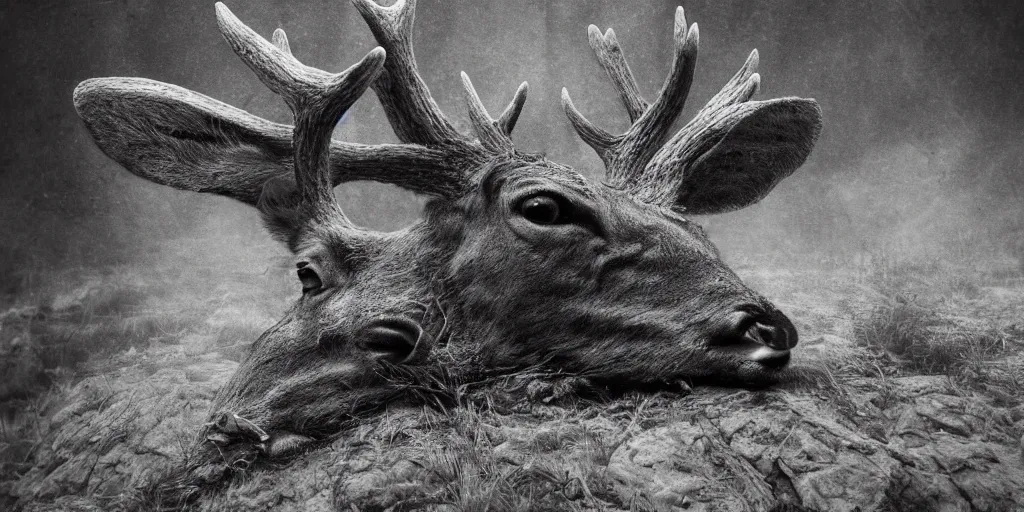 Prompt: rotting deer, dolomites, alpine, detailed intricate insanely detailed octane render, 8k artistic 1920s photography, photorealistic, black and white, chiaroscuro, hd, by David Cronenberg, Raphael, Caravaggio