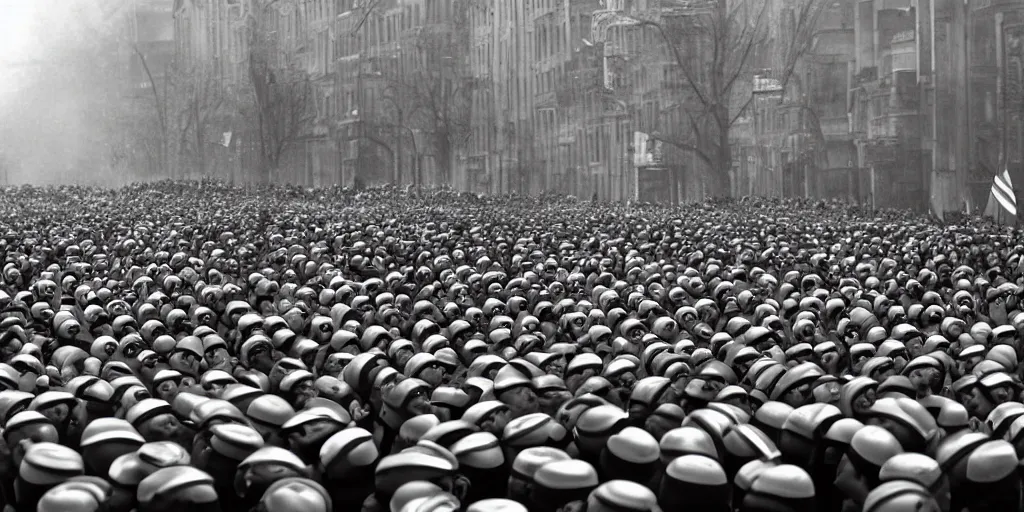 Prompt: minions from despicable me winning world war 2 and parading through berlin, hyper realistic, award winning photo, award winning, sharp focus, black and white