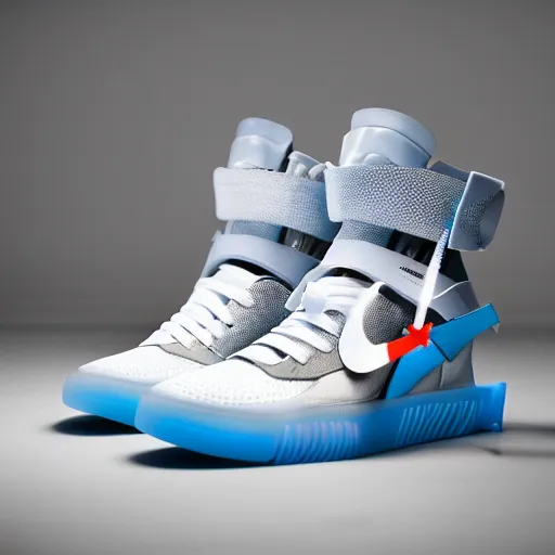 Image similar to a studio photoshoot of Nike Air Mag x Off-white sneakers designed by Virgil Abloh, leather and transparent knitted mesh material, glowing light outsole, realistic, color film photography by Tlyer Mitchell, 35 mm, Graflex