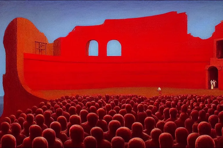 Image similar to only with red, a red great emperor, taormina amphitheatre, crowd with big smile, in the style of beksinski, parts by edward hopper, parts by rodcenko, parts by yue minjun, intricate and epic composition, red by caravaggio, insanely quality, highly detailed, masterpiece, red light, artstation, 4 k