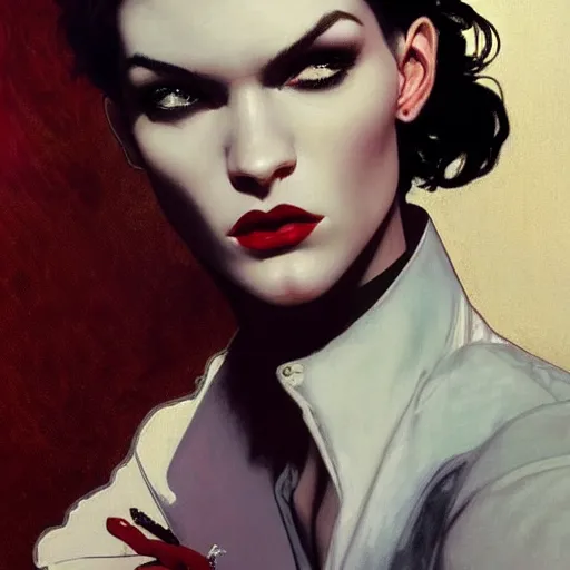 Image similar to beautiful portrait of androgynous ruby rose as desire from sandman in a white tuxedo!!!, rockabilly style,, by alphonse mucha, by jeremy mann, by peter lindbergh, dave mckean, by frank moth, white suit and black tie, soft lightning, high detailed, 8 k