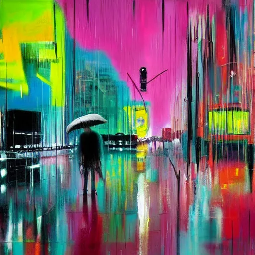 Prompt: rain like a dream, oil painting, cyberpunk, basquiat + francis bacon, elevated street art, fantasy lut, pink, blue, purple, green,