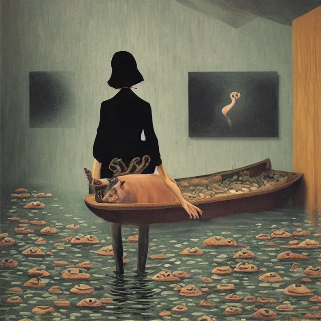 Image similar to tall female emo artist holding a pig in her flooded apartment, mushrooms, octopus, water gushing from ceiling, painting of flood waters inside an artist's apartment, a river flooding indoors, pomegranates, pigs, ikebana, zen, river, rapids, waterfall, black swans, canoe, berries, acrylic on canvas, surrealist, by magritte and monet