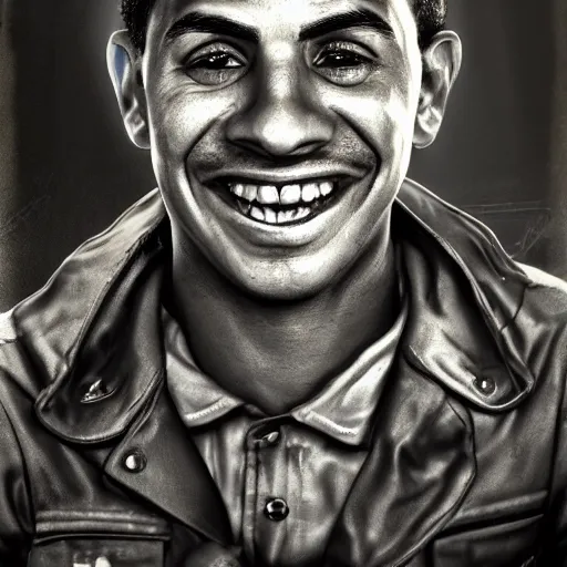 Prompt: A Hearts of Iron IV closeup portrait of a Remi Malek with bulging eyes and a huge smile, riding a tricycle. Dressed in 1980s style. Highly detailed, fine Art, high detail, great lighting, 8k resolution, masterpiece, concept art, illustration, clear eyes, painting oil on canvas, octane render, HDR, trending on artstation, 4k, 8k, HD