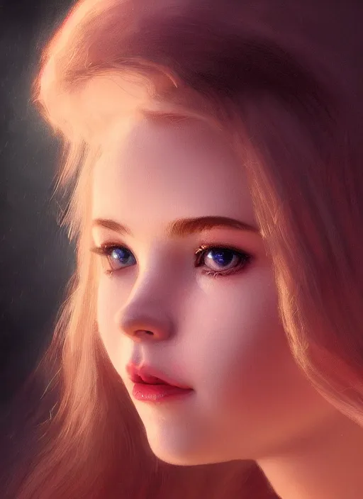 Image similar to of dark fantasy, young beautiful Belle Delphine, close up face portrait, medium shot, intricate, elegant, warm light, highly detailed, digital painting, volumetric light, artstation, concept art, smooth, sharp focus, illustration, art by Gil Elvgren and Adolf Wölfli and bruce pennington