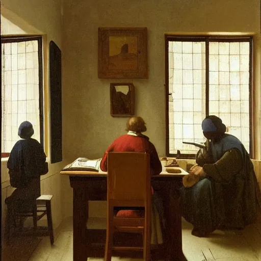 Prompt: An oil painting of a man sat at an escritoire desk with his hand touching an ammonite fossil, there is a window with muntins to his left and a wood closet behind him, in the style of The Astronomer by Vermeer, Dutch Golden Age, Old Masters