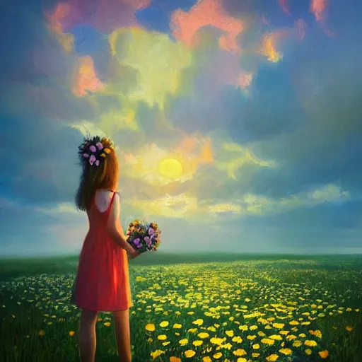 Image similar to girl with a full daisies head, surreal photography, flower field, sunset dramatic light, impressionist painting, colorful clouds, blue sky, digital painting, artstation, simon stalenhag