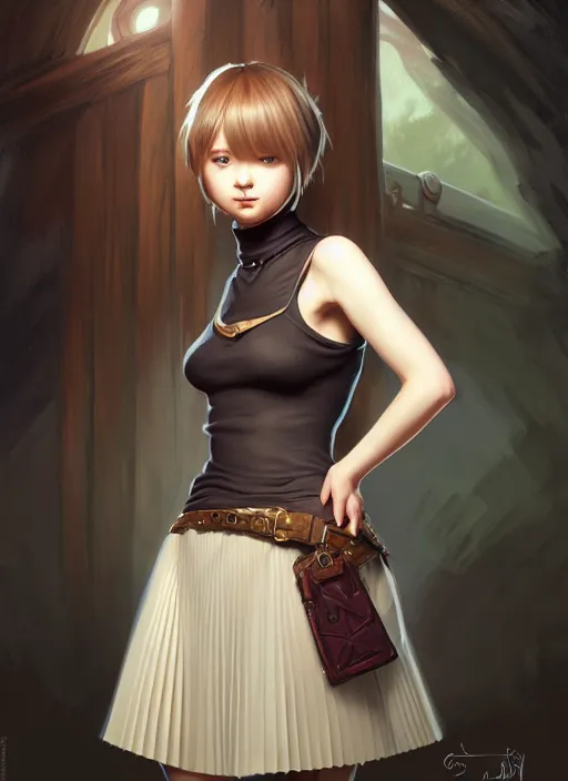 Image similar to portrait of a full body of beautiful young female detective, d & d, sleeveless turtleneck, pleated skirt, fantasy, flat lighting, intricate, highly detailed, digital painting, artstation, concept art, smooth, sharp focus, illustration, misa amane, art by simon bisley and greg rutkowski and alphonse mucha, natural tpose