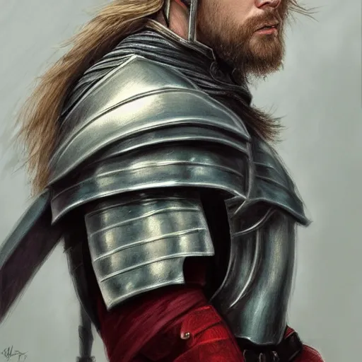 Image similar to a portrait of a medieval knight with a short beard and short blonde hair drawn in the style of tony sart, face of chris hemsworth, trending on artstation, realistic, detailed