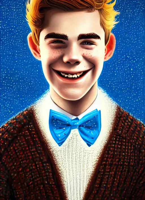 Image similar to portrait of teenage archie andrews, freckles, curly middle part haircut, curly hair, middle part hairstyle, smiling kindly, wearing a bowtie and sweater vest, intricate, elegant, glowing lights, highly detailed, digital painting, artstation, concept art, smooth, sharp focus, illustration, art by wlop, mars ravelo and greg rutkowski