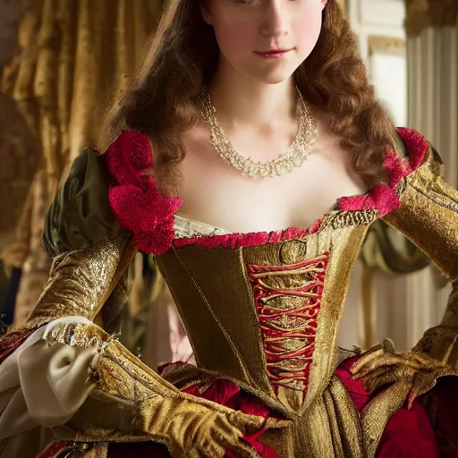 Prompt: young attractive beautiful duchess in versailles, wow 4 k detail fantasy, matte painting, realistic materials, photo realistic, postprocessing, cinematic, hyperrealistic, studio lighting, ekaterina, the tudors, photography by richard jenkins