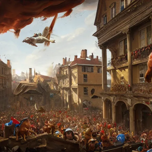 Prompt: a highly detailed oil painting of a giant dachshund smashing houses, renaissance, bystanders watching from the sides, 4 k, by greg rutkowski, artstation,