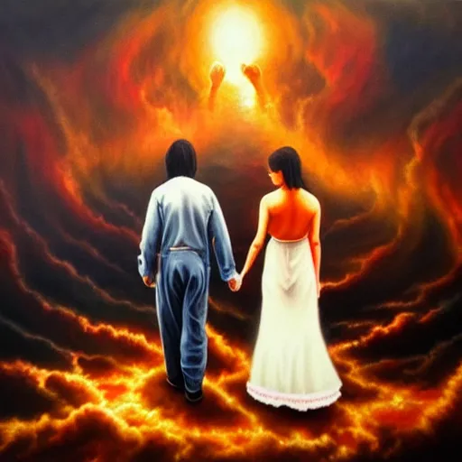 Prompt: photo of a couple walking hand in hand, in heaven and hell at the same time, realistic oil painting, hell in the bottom, heaven in the top, very detailed