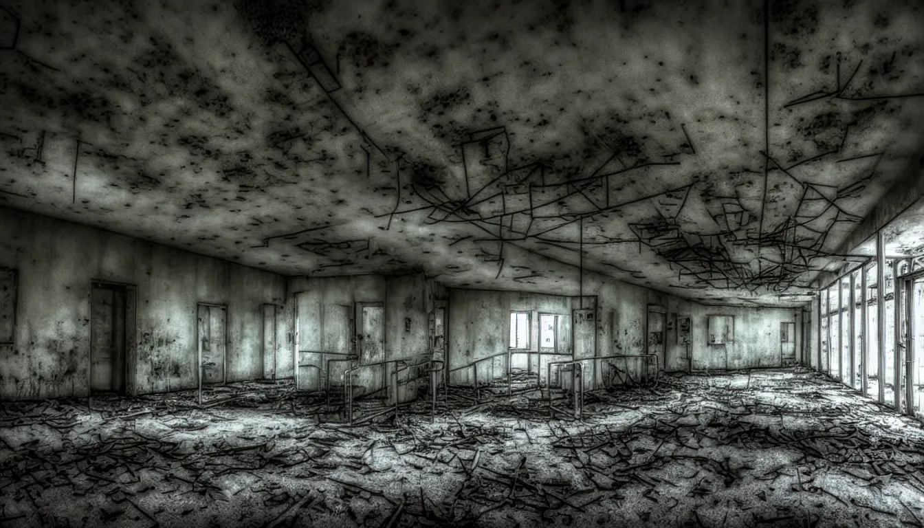 Image similar to hospital in pripyat, dark, atmospheric, scary, claustrophobic, ambient vibe
