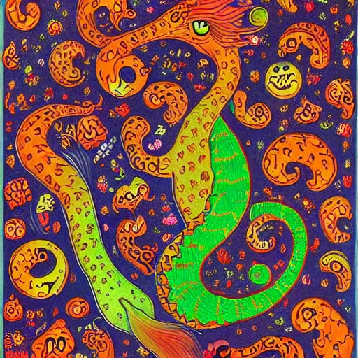 Prompt: cat seahorse mermaid shapeshifter, long-haired humanoid fursona by Louis Wain, furaffinity, trending on artstation