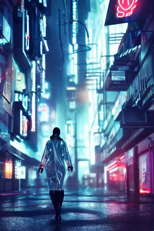 Image similar to a street level, low angle, photograph of a woman with robotic prosthetics in a clear, transparent raincoat, in a futuristic, blade runner city with heavy atmosphere. Volumetric light. Rainfall. Dystopic. Evening, neon lights. 8k. Filmic. Highly detailed. Octane render.