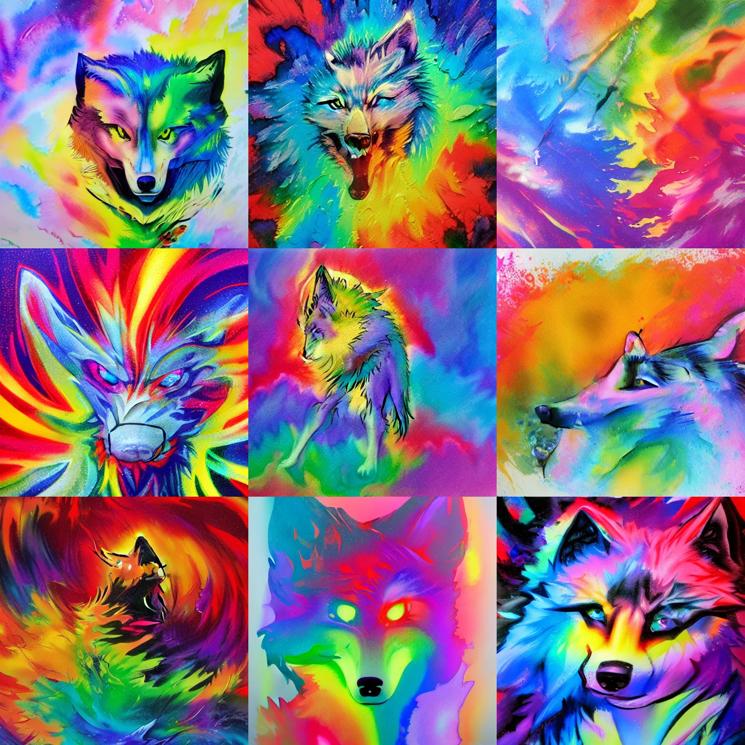 Prompt: explosion of colors, 90s anime wolf drip paint pastel impasto rainbow watercolor, trending on artstation, by ross train, daily deviation