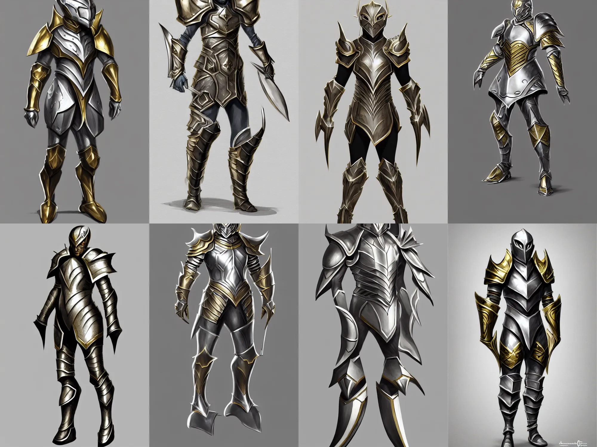 Prompt: fantasy armor, concept sketch, silver with gold trim, extremely polished, heavy exaggerated proportions, flat shading, smooth, uncluttered, extremely clean, fantasy character portrait, professional concept art, front view, A-pose, full body