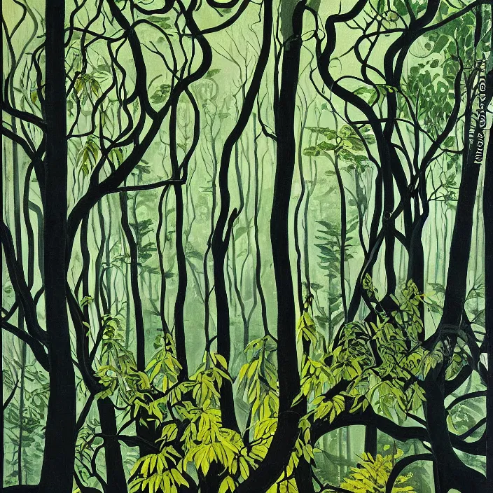 Image similar to charles burchfield art painting, beautiful arboreal forest by Adriaan Herman Gouwe