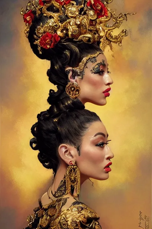 Prompt: an epic painting of arianna grande, curly messy high bun hairstyle, oriental tattoos, jeweled ornament over forehead, subject wearing a gold and black high fashion gown, flowing, ornate, beautiful, intricate, dramatic earth colors, with few fire red highlights, by jeremy mann and greg rutkowski, 8 0 mm lens, trending on artstation, oil on canvas