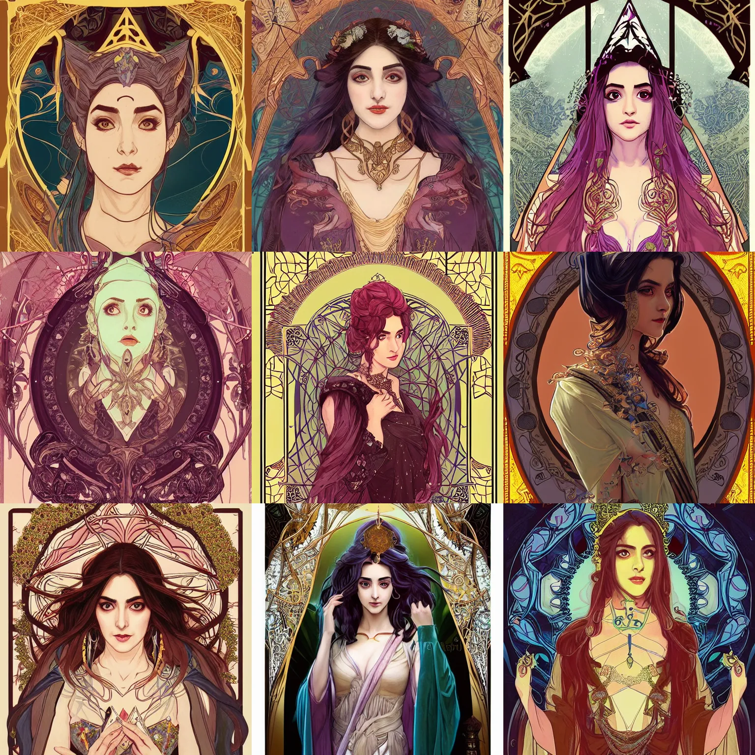Prompt: masterpiece head-on symmetrical centered bust-view portrait, Maya Ali as D&D sorcerer, Art Nouveau illustration, wizard robe, fantasy, delicate, elegant, tarot card background, in the style of ROSSDRAWS and Jesper Ejsing and Ruan Jia and Ross Tran and Alphonse Mucha and Ayami Kojima and Charlie Bowater and Karol Bak and Jean Delville, rich bright colours