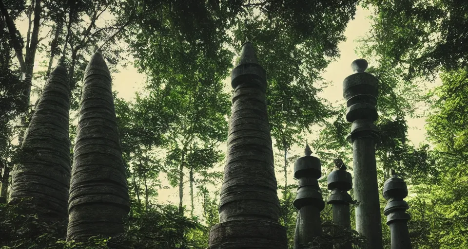 Prompt: giant towering chess pieces in a forest, low angle view, storybook, beautiful, soft lighting, artstation,