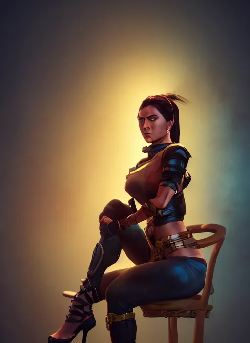 Image similar to An epic fantasy comic book style portrait painting of a tan woman with black hair in a pony tail and serious eyes sitting on a large chair, unreal 5, DAZ, hyperrealistic, octane render, cosplay, RPG portrait, dynamic lighting