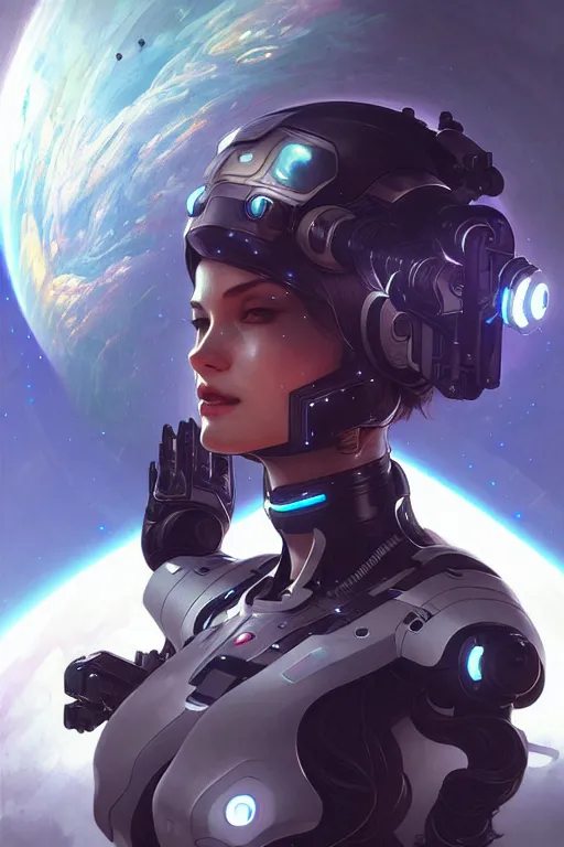 Prompt: sensual beautiful female cyborg wearing deus ex human revolution clothing in a space station above earth, portrait, elegant, intricate details, digital painting, artstation, concept art, smooth, sharp focus, illustration, art by artgerm and greg rutkowski and alphonse mucha