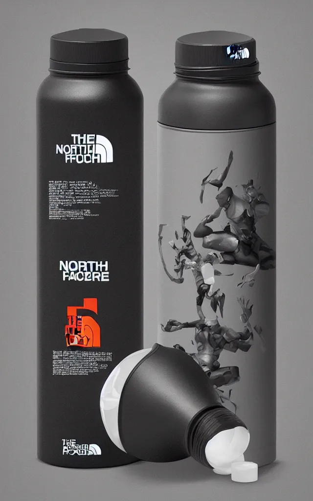 Prompt: the north face high tech plastic dietary supplement bottle filled with milk, round bottle, black top, concept art, matte, sharp focus, illustration, art by aenaluck, artgerm, modern