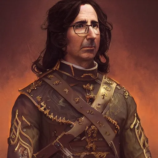 Image similar to portrait of stoic looking john oliver as the vigo carpathian painting, military uniform, fantasy, intricate, elegant, beautiful, highly detailed, centered, dark, smokey, digital painting, artstation, concept art, smooth, sharp focus, illustration, art by artgerm and greg rutkowski and alphonse mucha