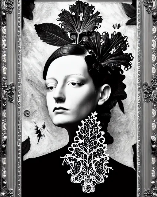 Image similar to black and white masterpiece profile portrait painting, dutch masters, silver lace floral steampunk biomechanical beautiful one techno eye young female cyborg, big monocular, volumetric light, leaves foliage and stems, hibiscus flowers, by dora maar, rim light, big gothic fashion pearl embroidered collar, 8 k