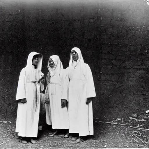 Image similar to worshippers dressed in robes belonging to the cult of the windmill. Dilapidated 1800s windmill. 1800s photo.