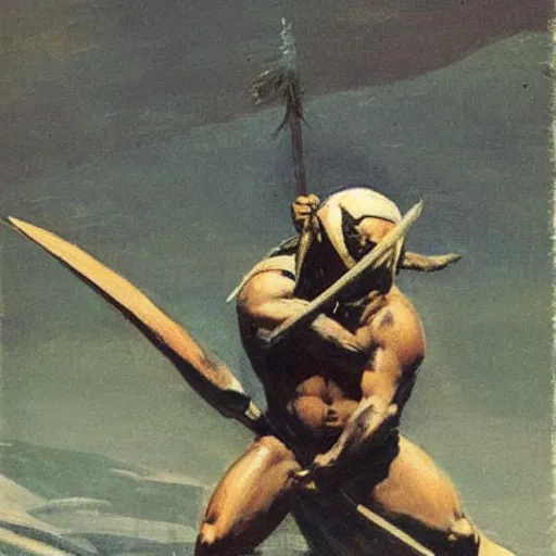 Prompt: inuit with spear frank frazetta