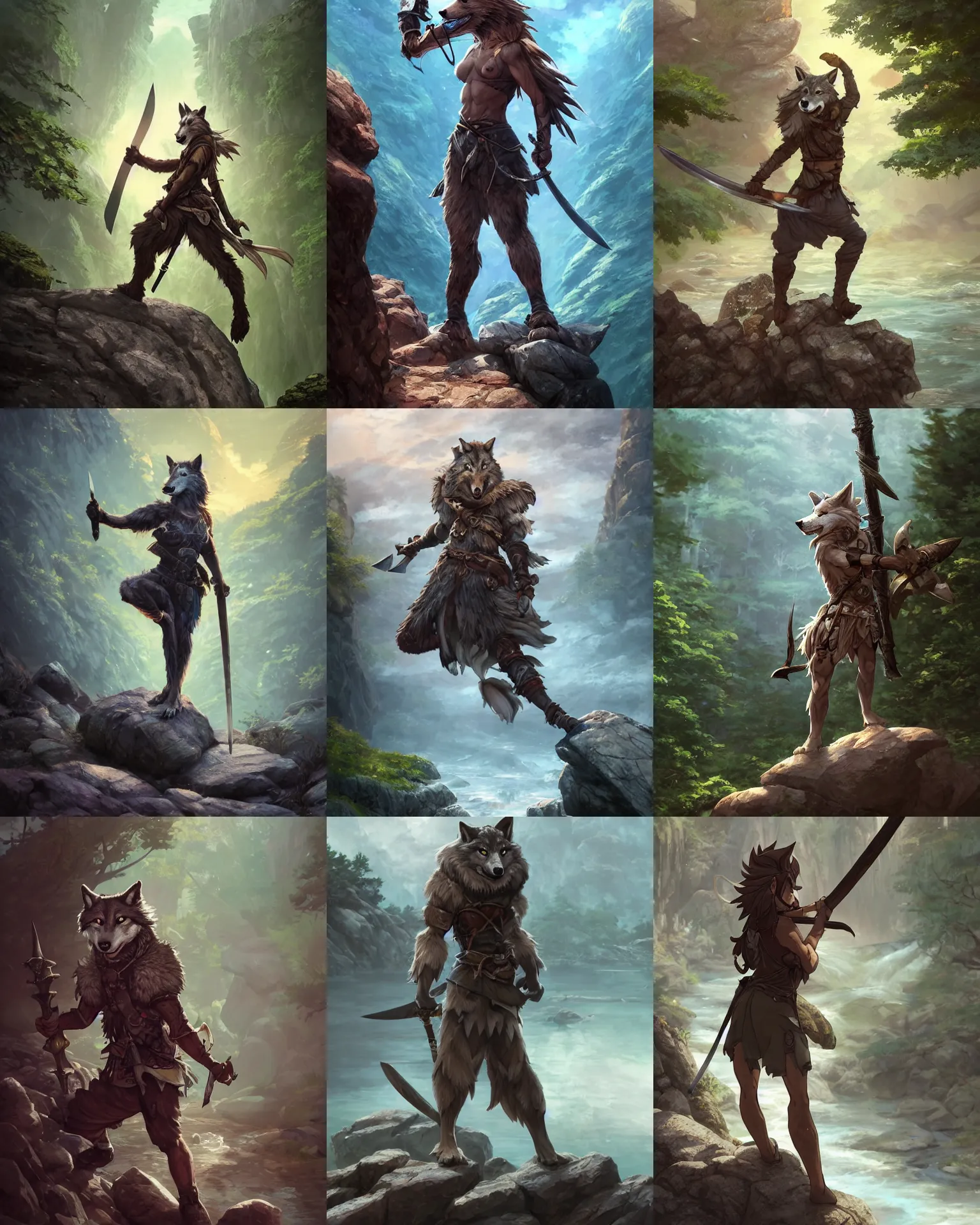 Prompt: an anthropomorphic wolf warrior standing heroically on a rock holding a sword in her hand. Adventurous, new adventure, forest, rocks, stream, ripples, atmospheric lighting, stunning, brave. By Makoto Shinkai, Stanley Artgerm Lau, WLOP, Rossdraws, James Jean, Andrei Riabovitchev, Marc Simonetti, krenz cushart, Sakimichan, D&D trending on ArtStation, digital art.