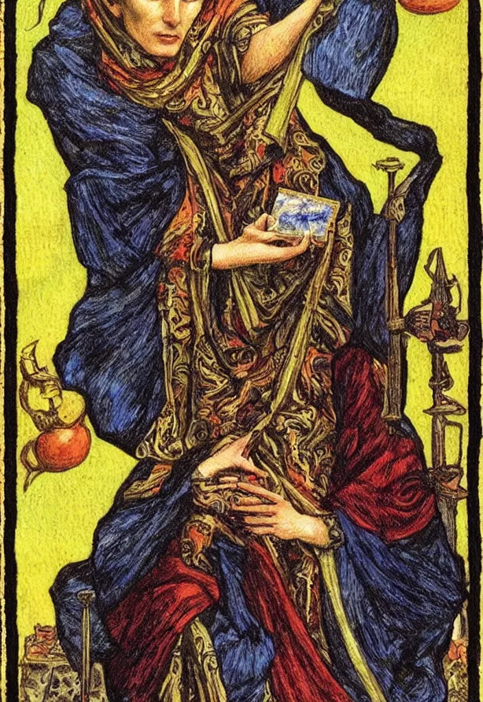 Image similar to Yoshua Bengio on the Tarot card. Illustration by preraphaelists