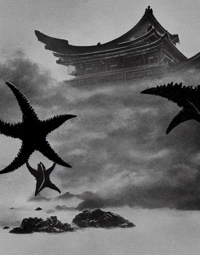 Image similar to a filmstill of a north korean monster movie, kaiju - eiga monster starfish - like trampling a traditional korean palace, foggy, film noir, video compression